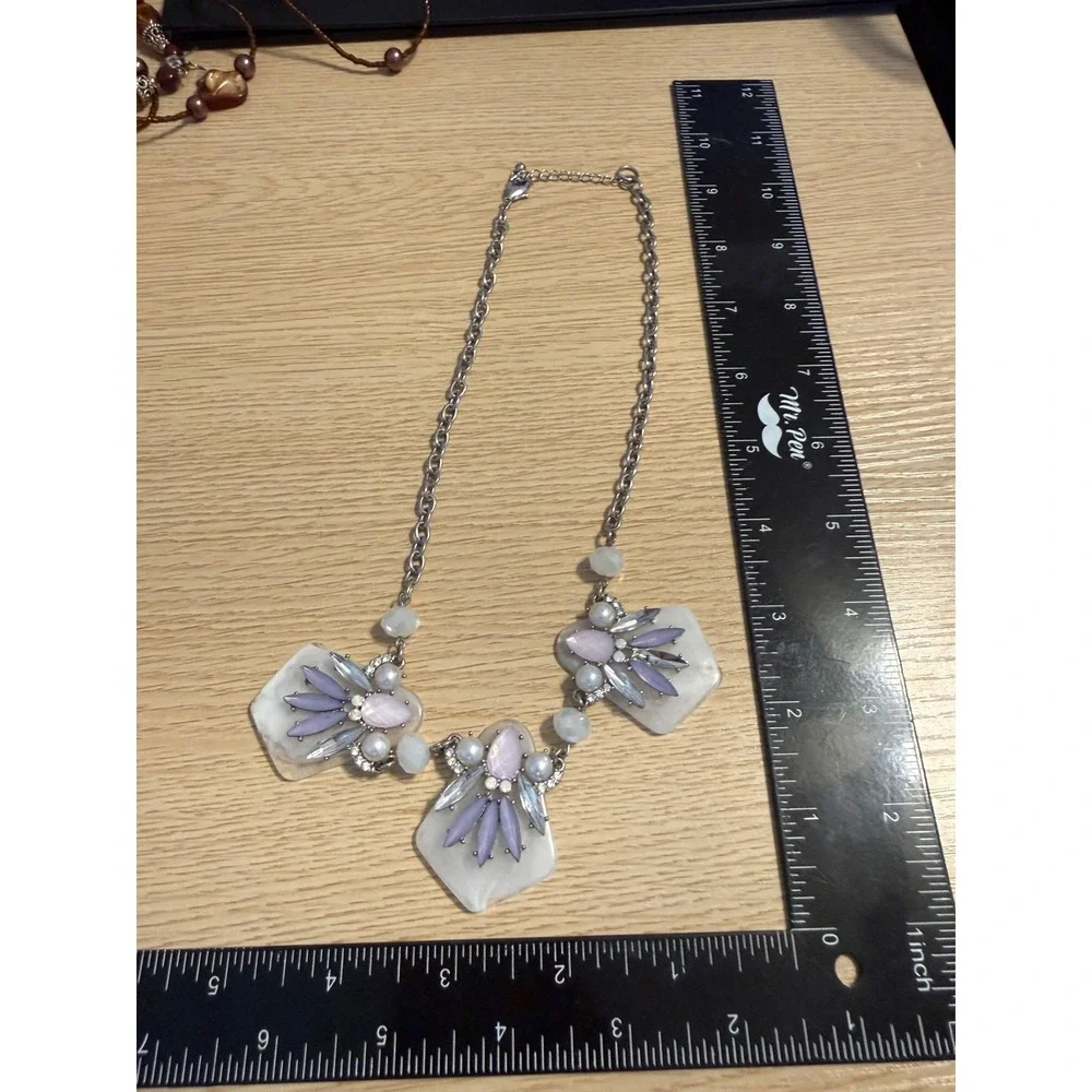 Silver Tone Statement Bib Necklace Lavender Pink Floral Stones Faux Pearl 18-21